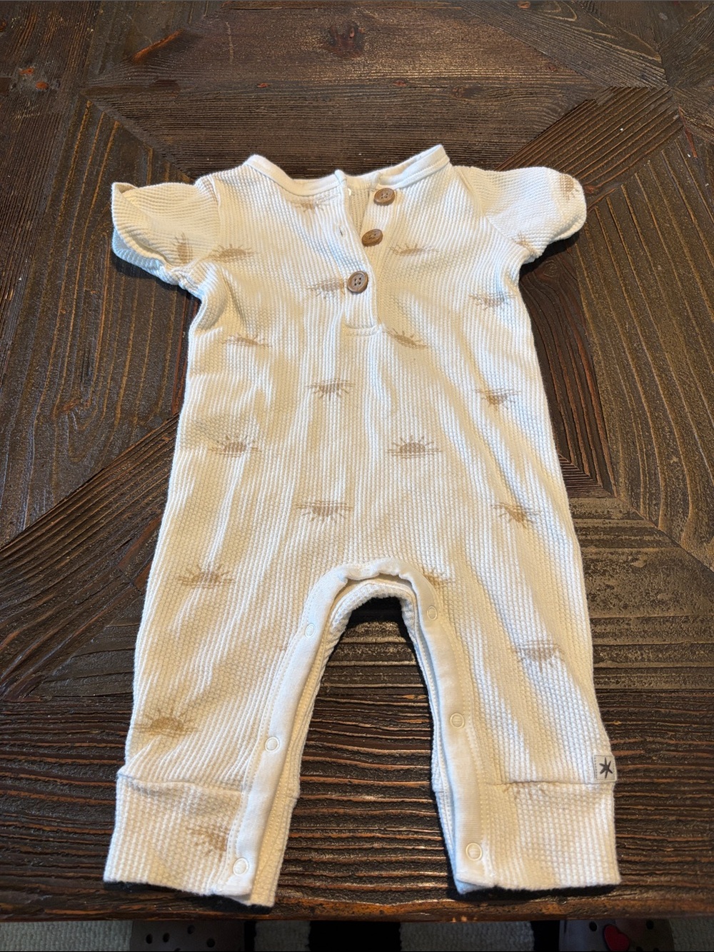 Cream Waffle-Knit Baby One-Piece with Wooden Button Placket